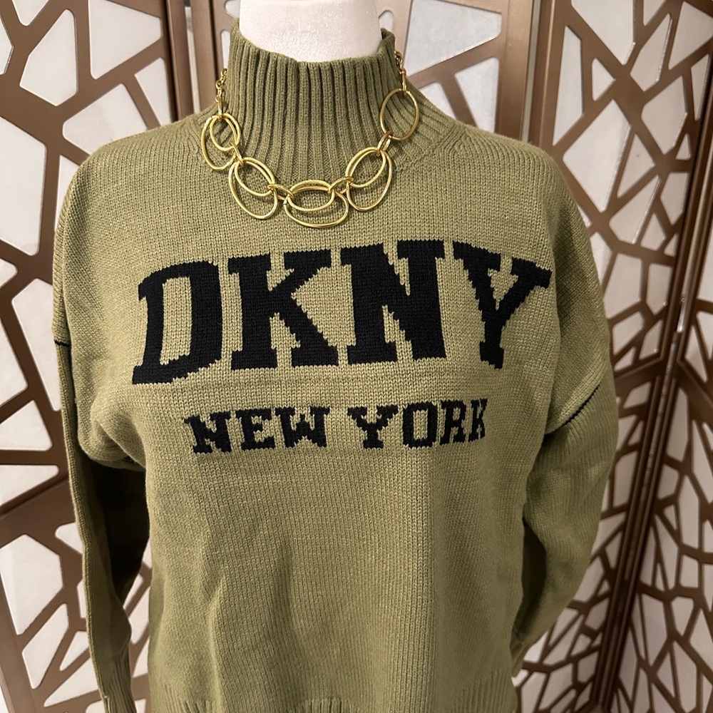 DKNY Olive Turtleneck Sweater with Black Logo